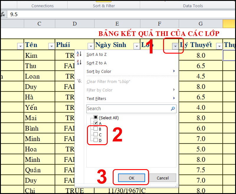 Lọc ra những bạn thuộc Lớp A