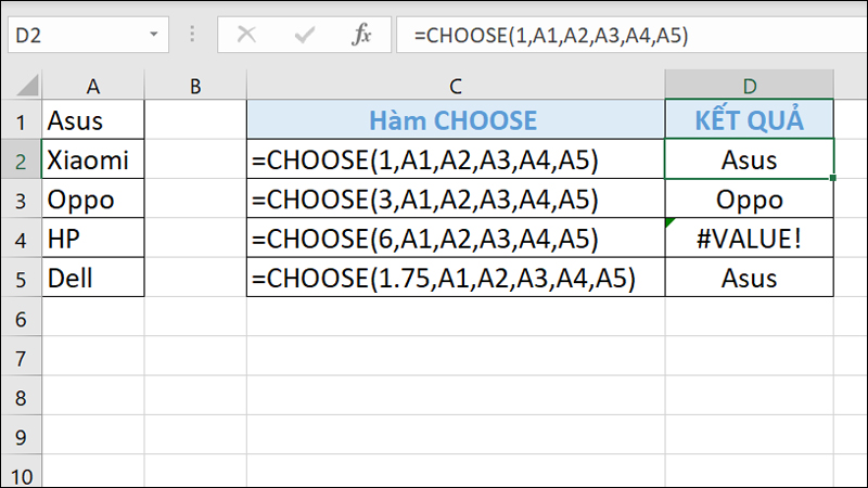 Ví dụ hàm CHOOSE