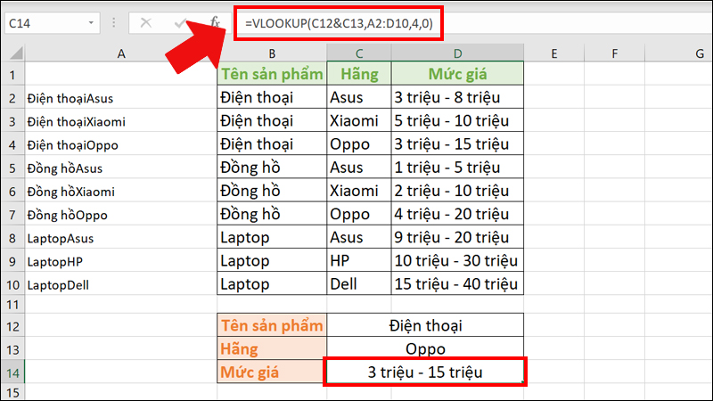 Sử dụng công thức VLOOKUP để dò tìm theo cột phụ