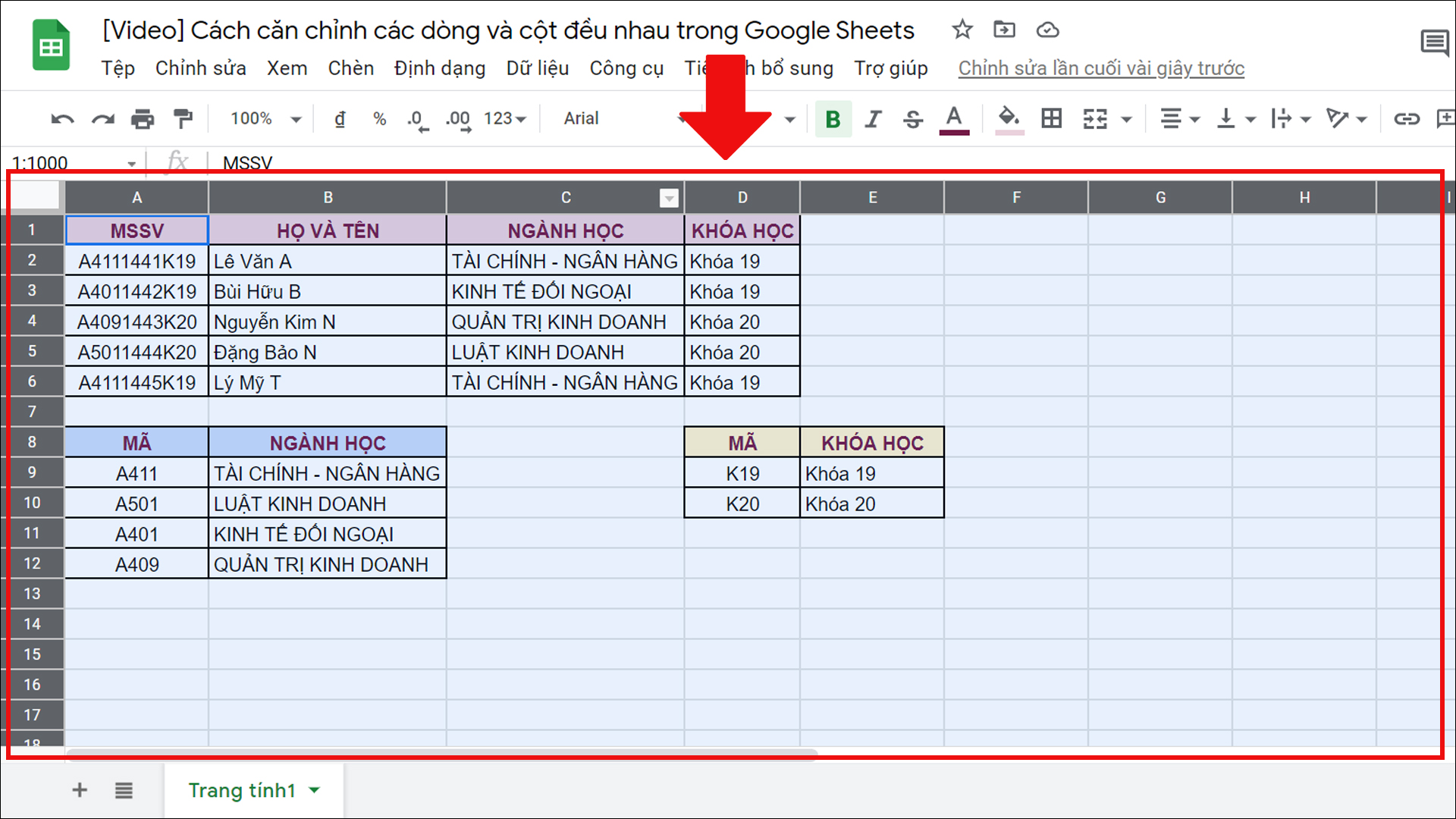 Chọn toàn bộ vùng dữ liệu trong Google Sheets