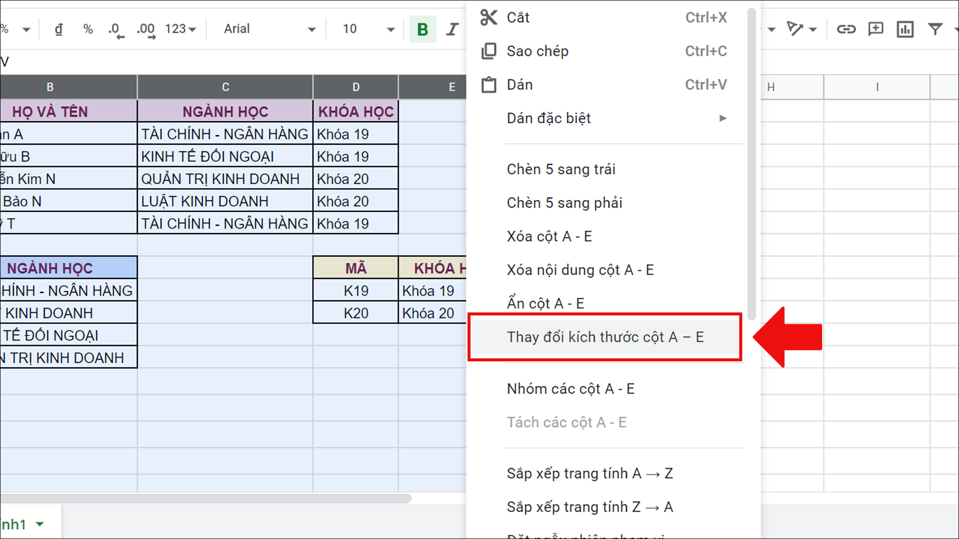 Nhấn vào thay đổi kích thước cột