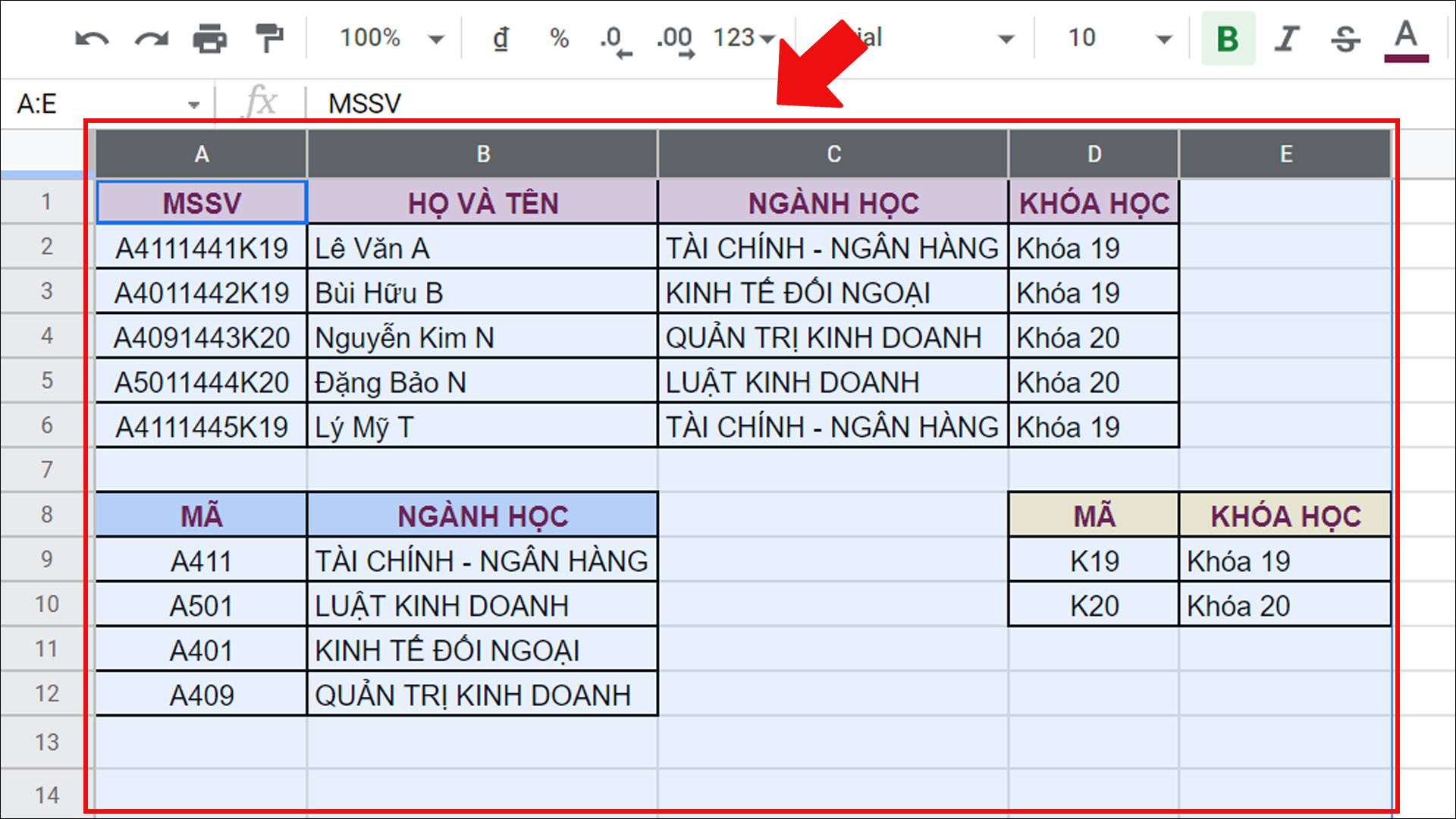 Chọn các cột mà bạn muốn điều chỉnh