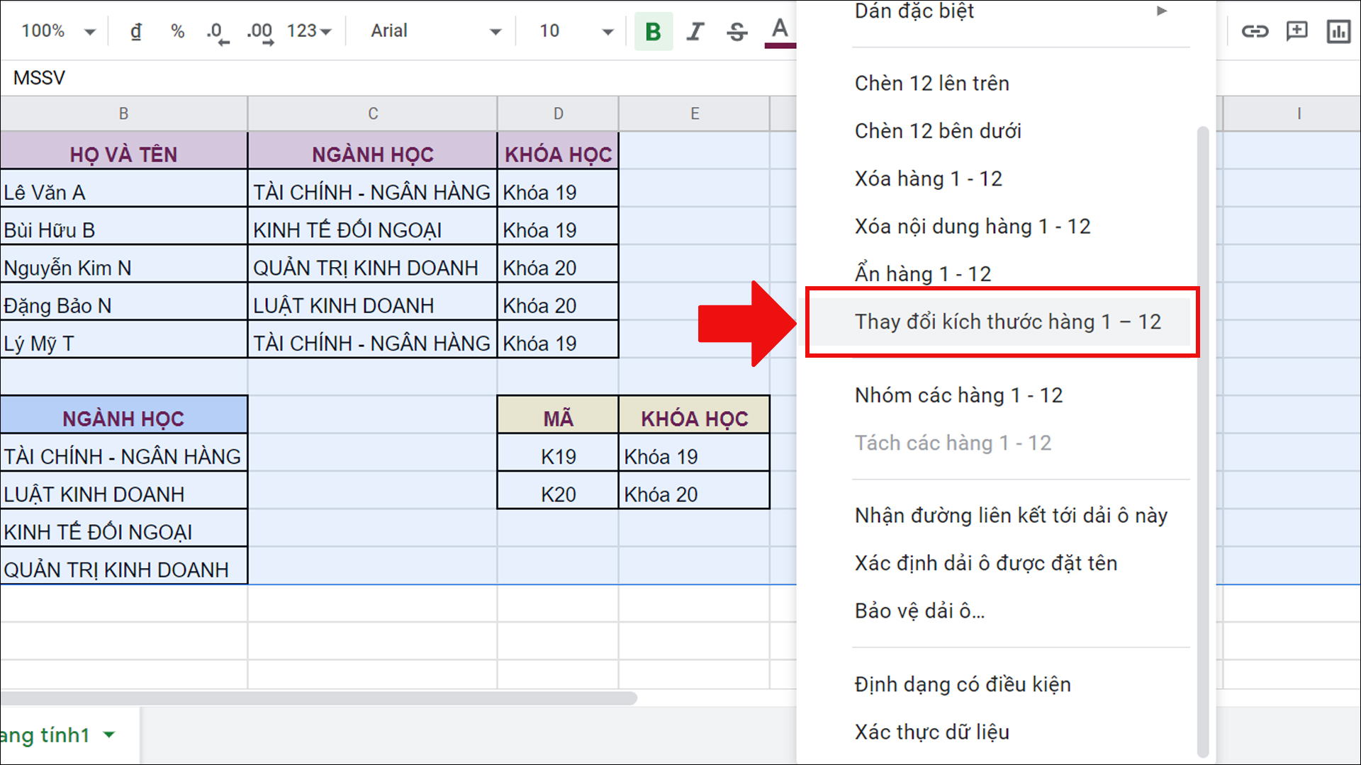 Nhấn vào thay đổi kích thước hàng