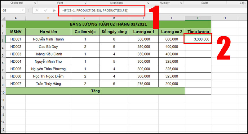 Giá trị C3=1 (điều kiện đúng). Excel sẽ trả về kết quả 3,300,000 (kết quả phép nhân 6 ngày công với tiền lương ca 1 là  550,000).