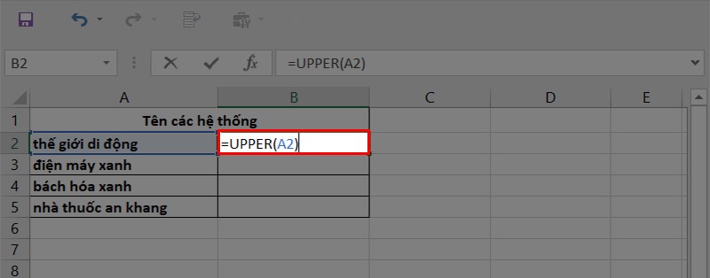  Viết công thức =UPPER(ô trống chứa kí tự bạn muốn chuyển)