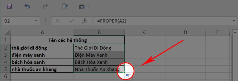 Nhấn vào biểu tượng chữ thập bên phải của ô đó kéo xuống bạn sẽ tự động chuyển các ô bên dưới một cách tự động