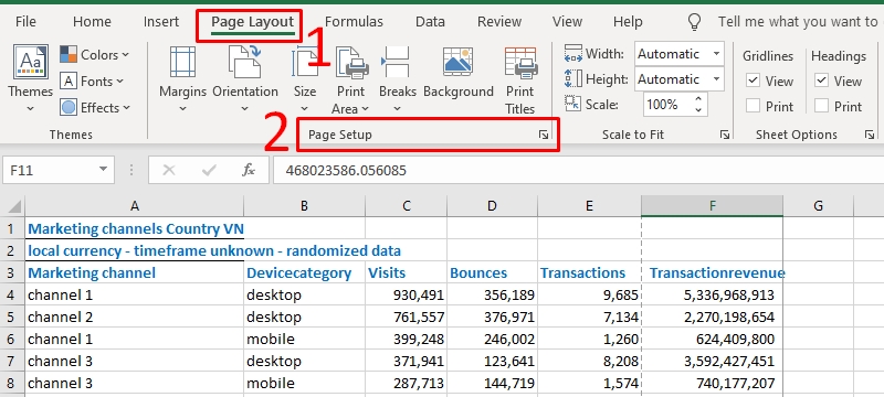 Chọn Page Setup trong Page Layout