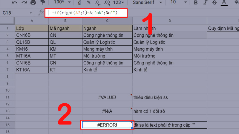 Lỗi #ERROR trong Google Sheet