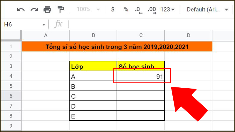 Kết quả số học sinh lớp A trong 3 năm hiện ra sau khi Enter