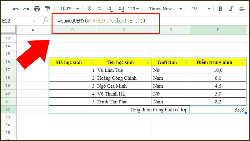  Tính tổng điểm trung bình của cả lớp