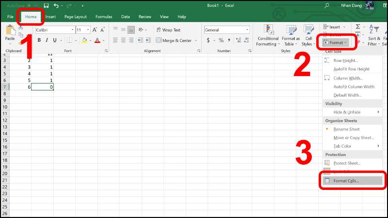 Trong tab Home nhấn vào Format và chọn Format Cells