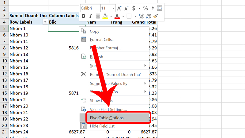 Chuột phải vào ô có giá trị 0 và chọn PivotTable Options