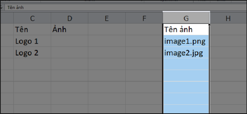 Cột tên ảnh trong Excel