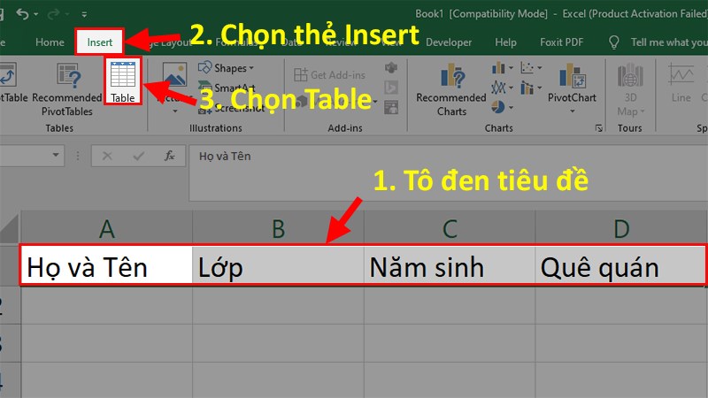 Bôi đen vùng chứa tiêu đề > Chọn thẻ Insert > Nhấn chọn Table