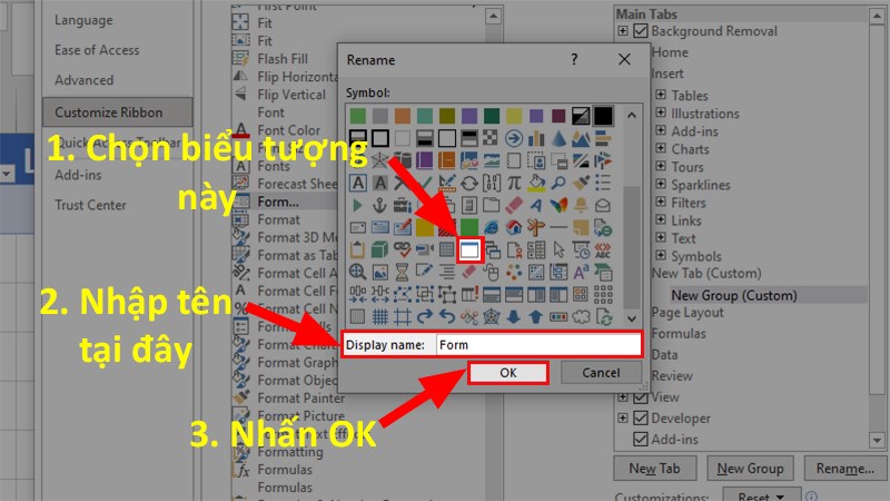 Hộp thoại Rename xuất hiện > Tại Display name nhập Form > Chọn icon giống trong hình