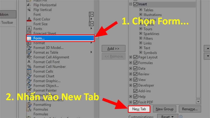 Kéo xuống phía dưới > Chọn Form > Nhấn vào New Tab