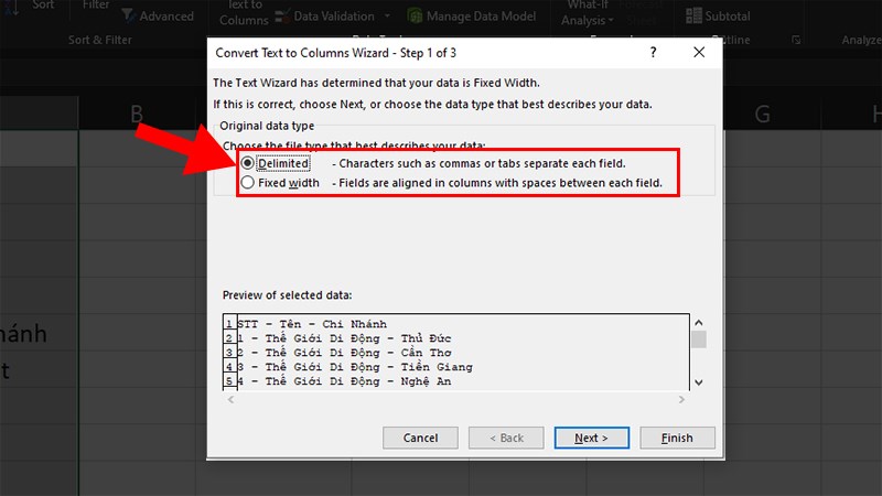 Cửa sổ Convert Text to Columns Wizard hiện lên