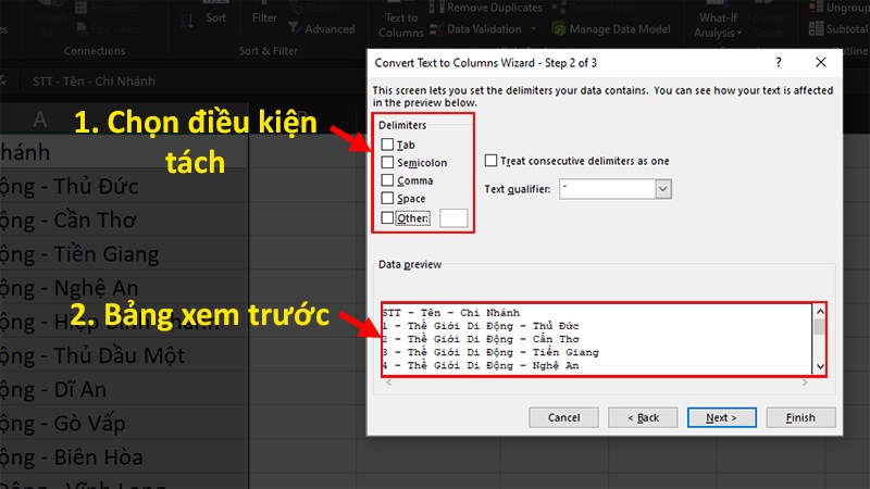 Chọn điều kiện tách trong hộp thoại Delimiters