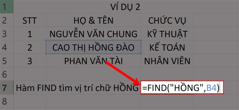 Nhập hàm =FIND(