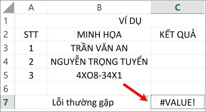 Lỗi khi nhập sai hàm.