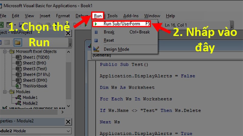 Chọn Run Sub/UserForm (hoặc bạn có thể nhấn F5)