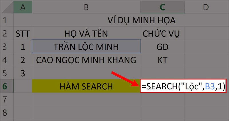 Nhập hàm =SEARCH(