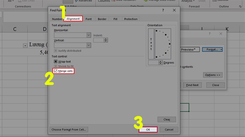 Chọn tab Alignment > Đên phần Text Control > Tích chọn Merge Cells > Nhấn OK