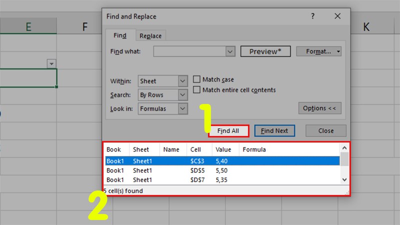 Nhấn Find All > Các ô được ghép sẽ xuất hiện ở phần phía dưới hộp thoại
