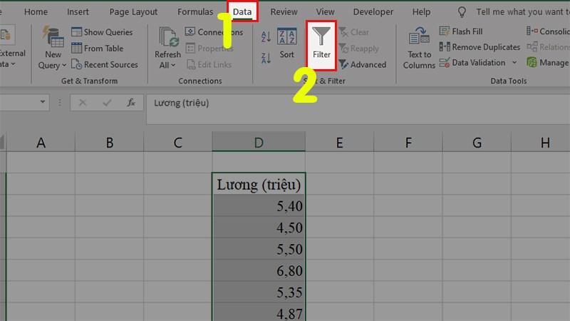 Chọn lại tab Data > Nhấn vào Filter để tạo lại 1 bộ lọc mới cho dữ liệu vừa chọn