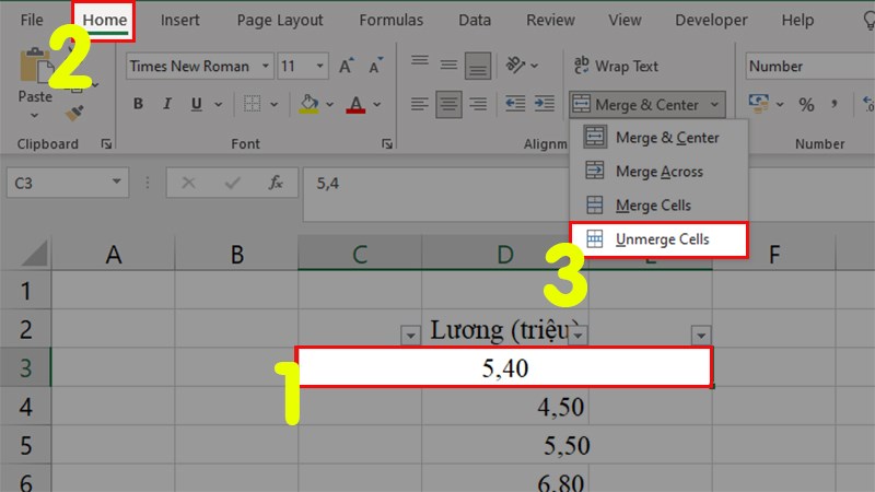Chọn ô bị ghép > Chọn tab Home > Nhấn vào Unmerge Cells để bỏ ghép ô