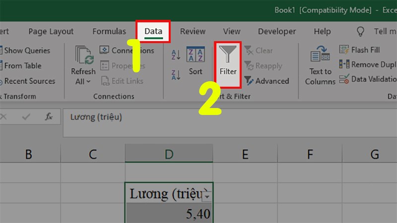 Chọn tab Data > Nhấn vào Filter để bỏ các bộ lọc đã tạo trong bảng tính Excel