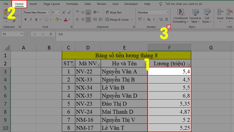 Bôi đen dữ liệu ở cột Lương > Home > Nhấn vào mũi tên chéo xuống ở phần Number