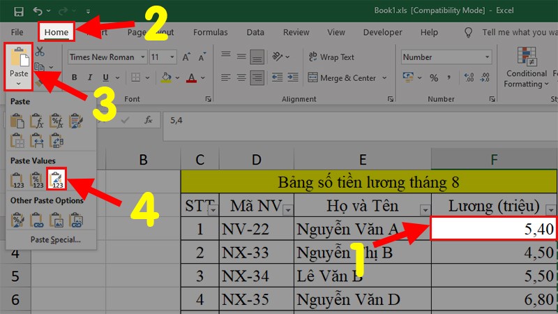 Copy toàn bộ dữ liệu đã chuyển đổi > Click chuột vào vị trí đầu tiên của cột Lương > Chọn thẻ Home > Paste > Chọn kiểu Value > Nhấn OK\