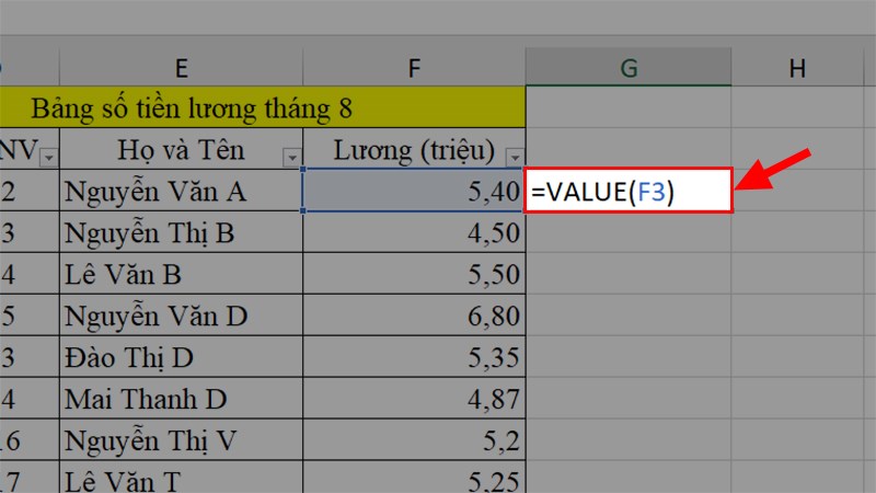 Sử dụng hàm VALUE để chuyển đổi dữ liệu thành Number