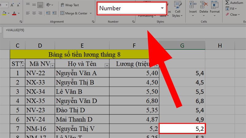 Kết quả sau khi chuyển đổi, dữ liệu ở ô F9 đã được đổi thành Number