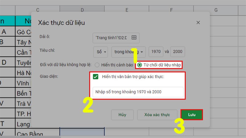 Chọn kiểu Từ chối dữ liệu > Tích chọn Hiển thị văn bản trợ giúp xác thực > Nhập nội dung cảnh báo > Nhấn Lưu