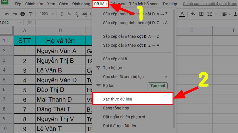 Chọn Dữ liệu > Chọn Xác thực dữ liệu