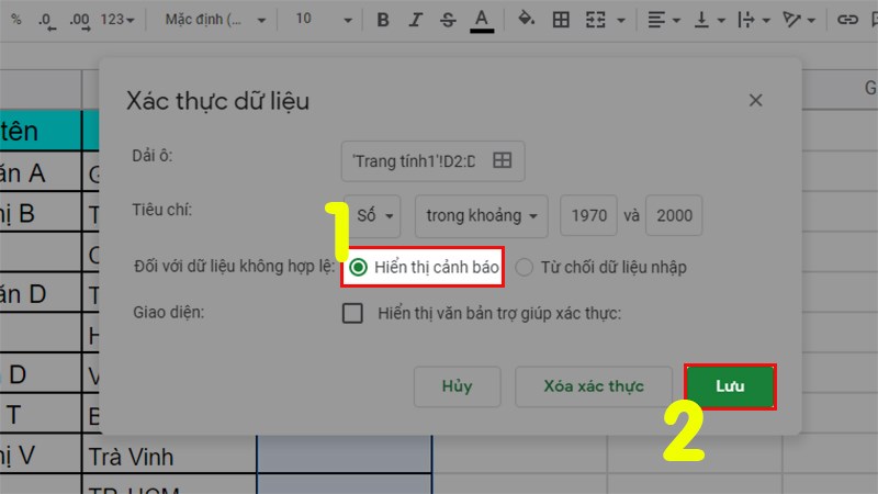 Tích chọn Hiển thị cảnh báo > Nhấn Lưu