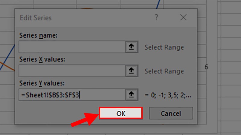 Nhấn OK tiếp ở hộp thoại của bước 6 để vẽ đồ thị hàm số với 2 dãy số liệu trong Excel