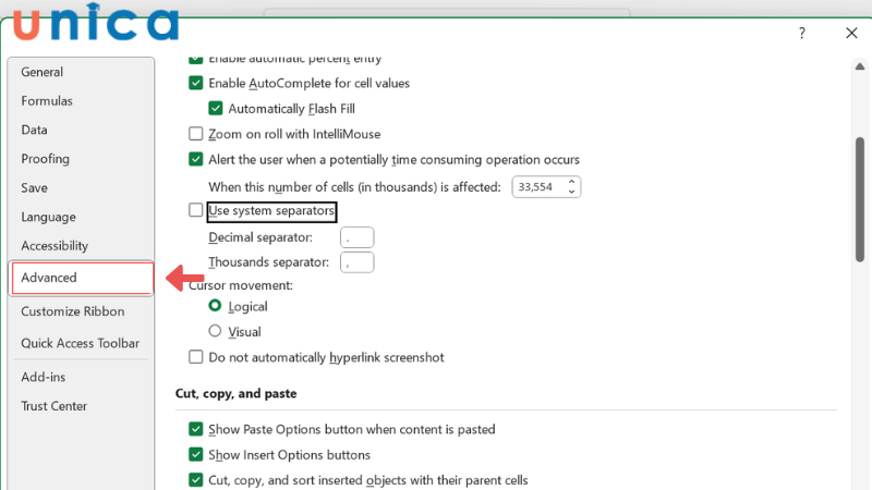 Chọn mục Advanced trong Options