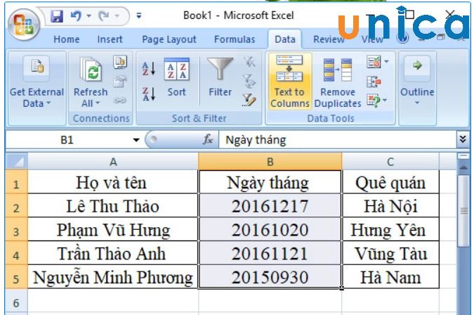 Cho bảng số liệu các ngày tháng