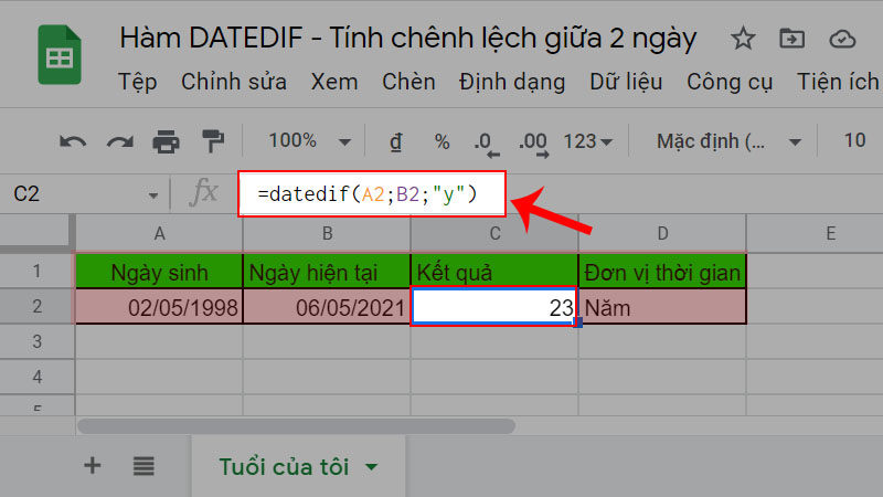 Sử dụng datedif để tính tổng số năm