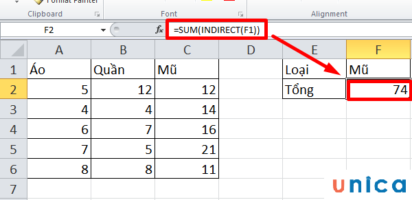 Dùng hàm Indirect kết hợp hàm Sum