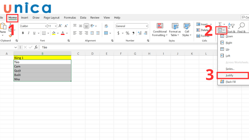 Chọn Justify để gộp ô trong Excel