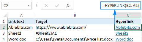 Examples of using the HYPERLINK function in Excel