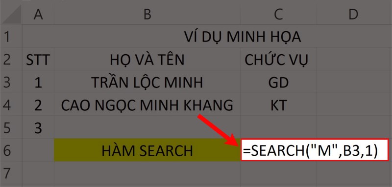 Nhập hàm =SEARCH(