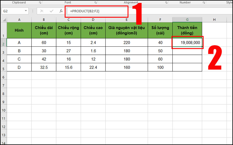 Thay vì nhập công thức =B2*C2*D2*E2*F2 theo toán tử nhân, bạn chỉ cần nhập hàm =PRODUCT(B2:F2). 