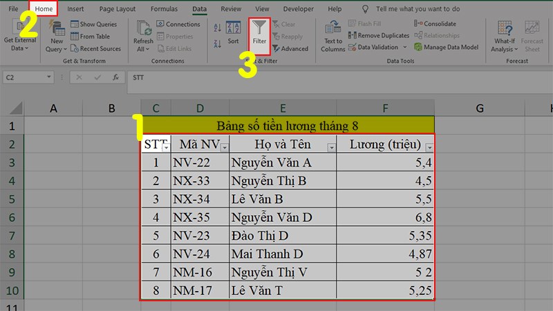 Bôi đen toàn bộ bảng dữ liệu > Chọn tab Data > Mục Sort & Filter > Chọn Filter