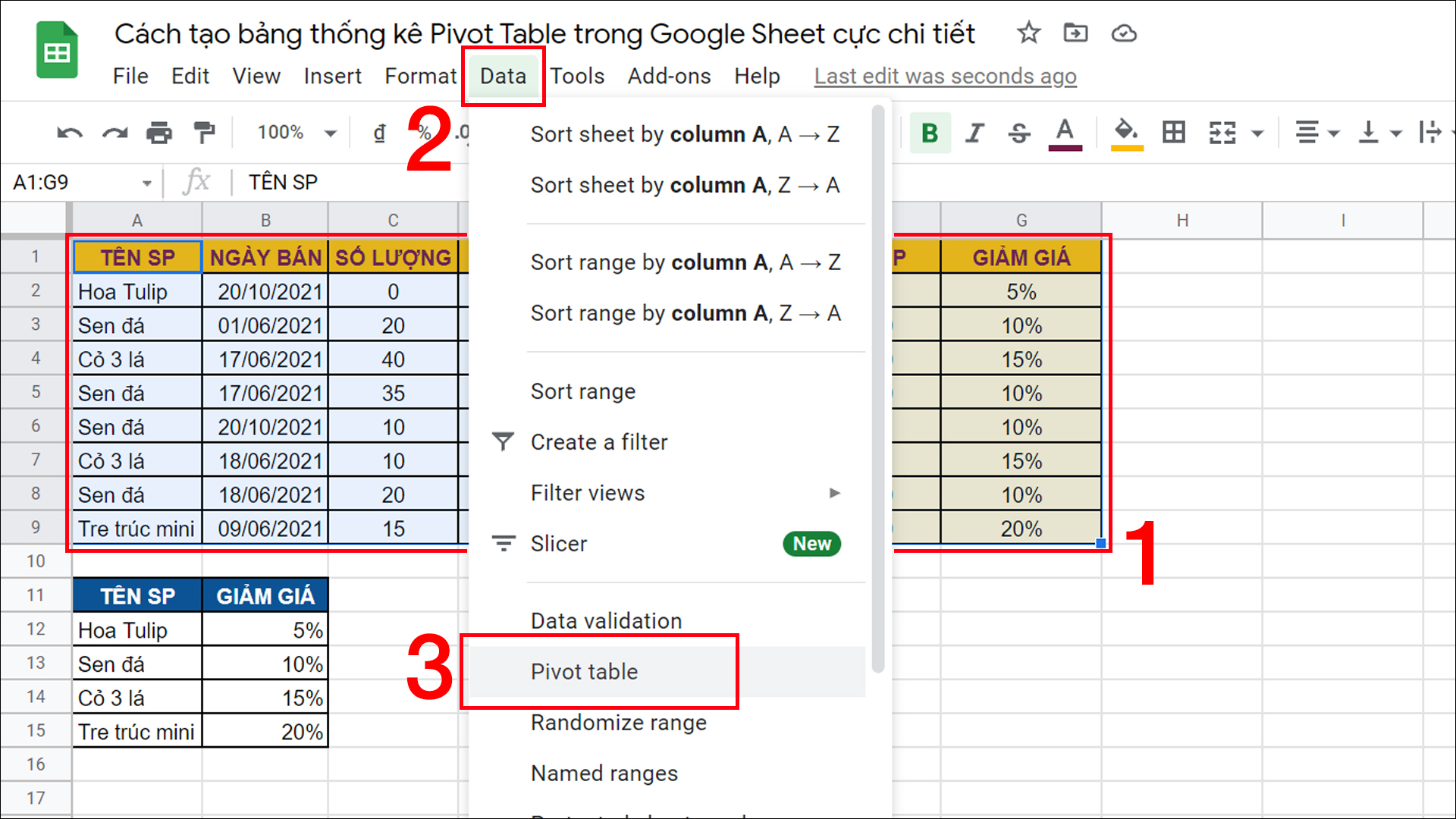 Bôi đen vùng dữ liệu và chọn Pivot table