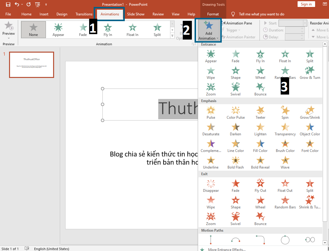 Nhấp vào Add Animation để xem các chuyển động có sẵn